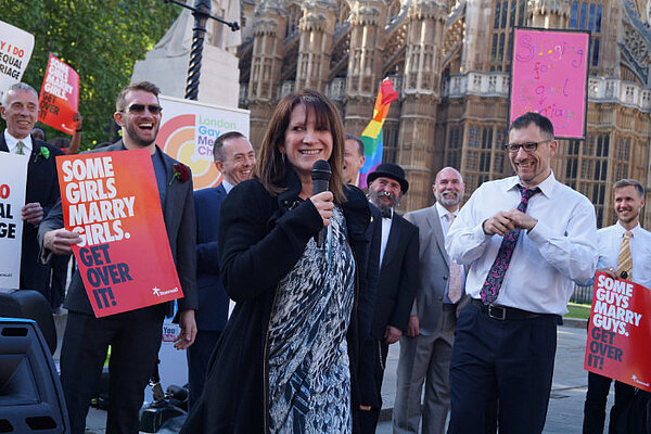 Lynne Featherstone celebrating the passage of the Same Sex Marriage Act